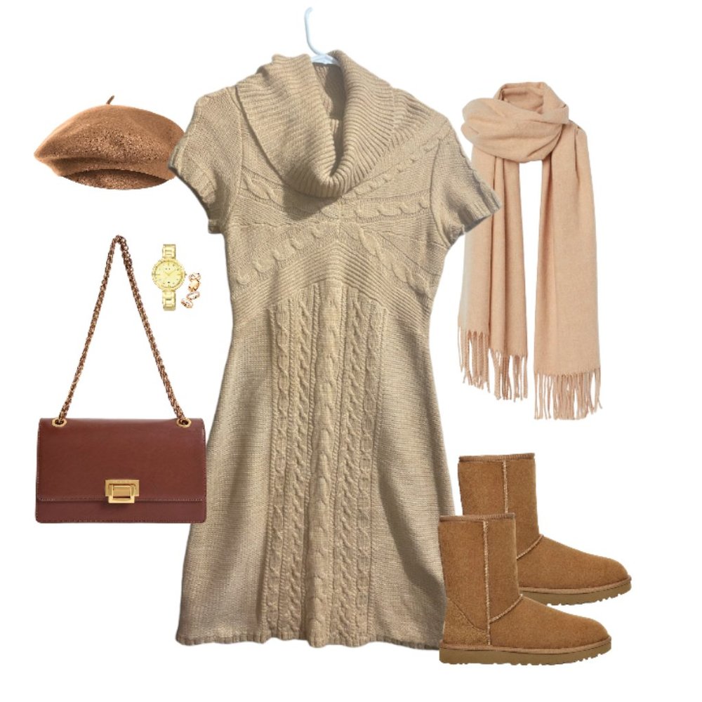 NWOT R&K Originals Cable Knit Sweater Dress Size S Beige Short Sleeve Cowl Neck